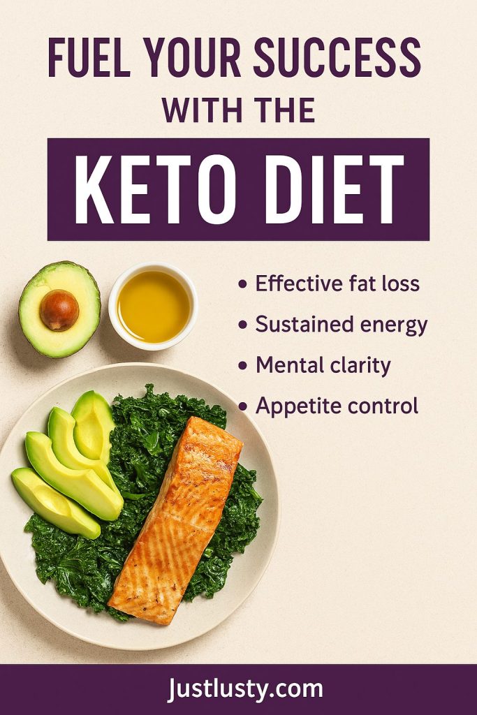 Promotional graphic highlighting the benefits of the keto diet for success, including fat loss, energy boost, and mental clarity — perfect for blog or Pinterest pin about the keto diet for success.