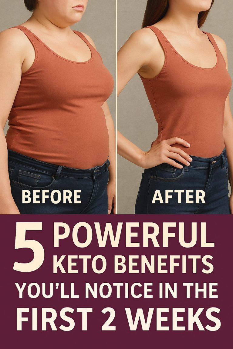 Before and after keto results visual with text highlighting 5 benefits in the first 2 weeks, including fat loss and increased energy