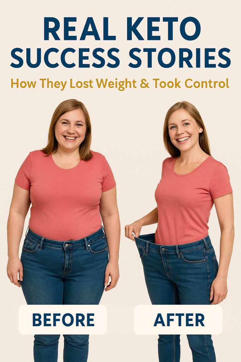 Before and after collage showing real keto success stories with inspirational quotes and weight loss results