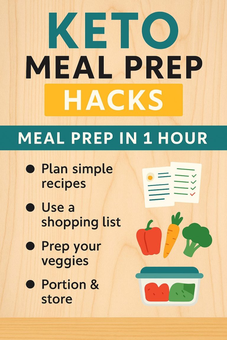 Keto meal prep hacks infographic showing how to prepare a full week of low-carb meals in just 1 hour with food and container visuals